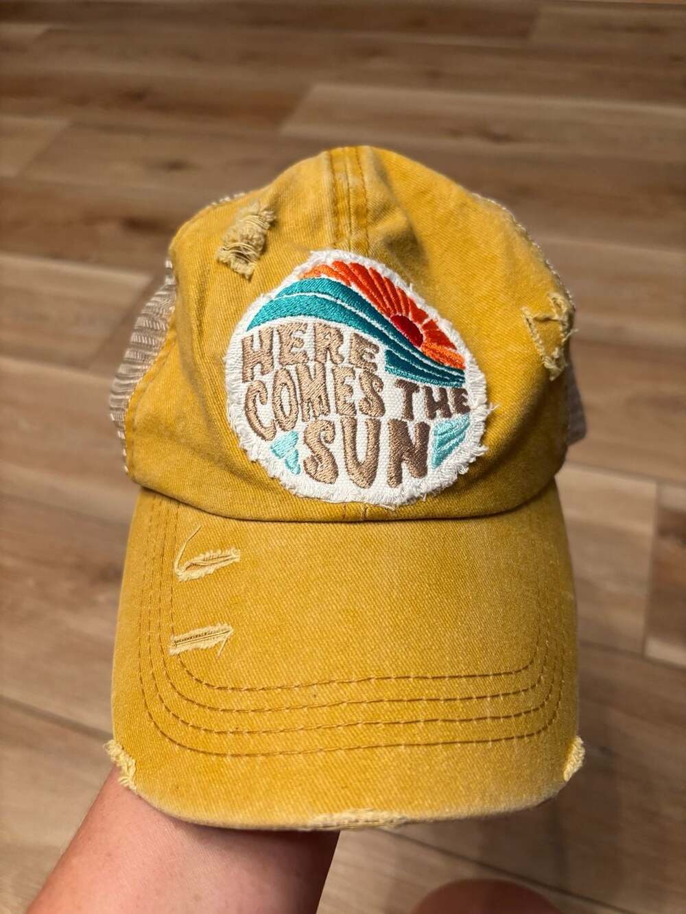 Toptie Here Comes The Sun Crisscross Ponytail Distressed Trucker Hat